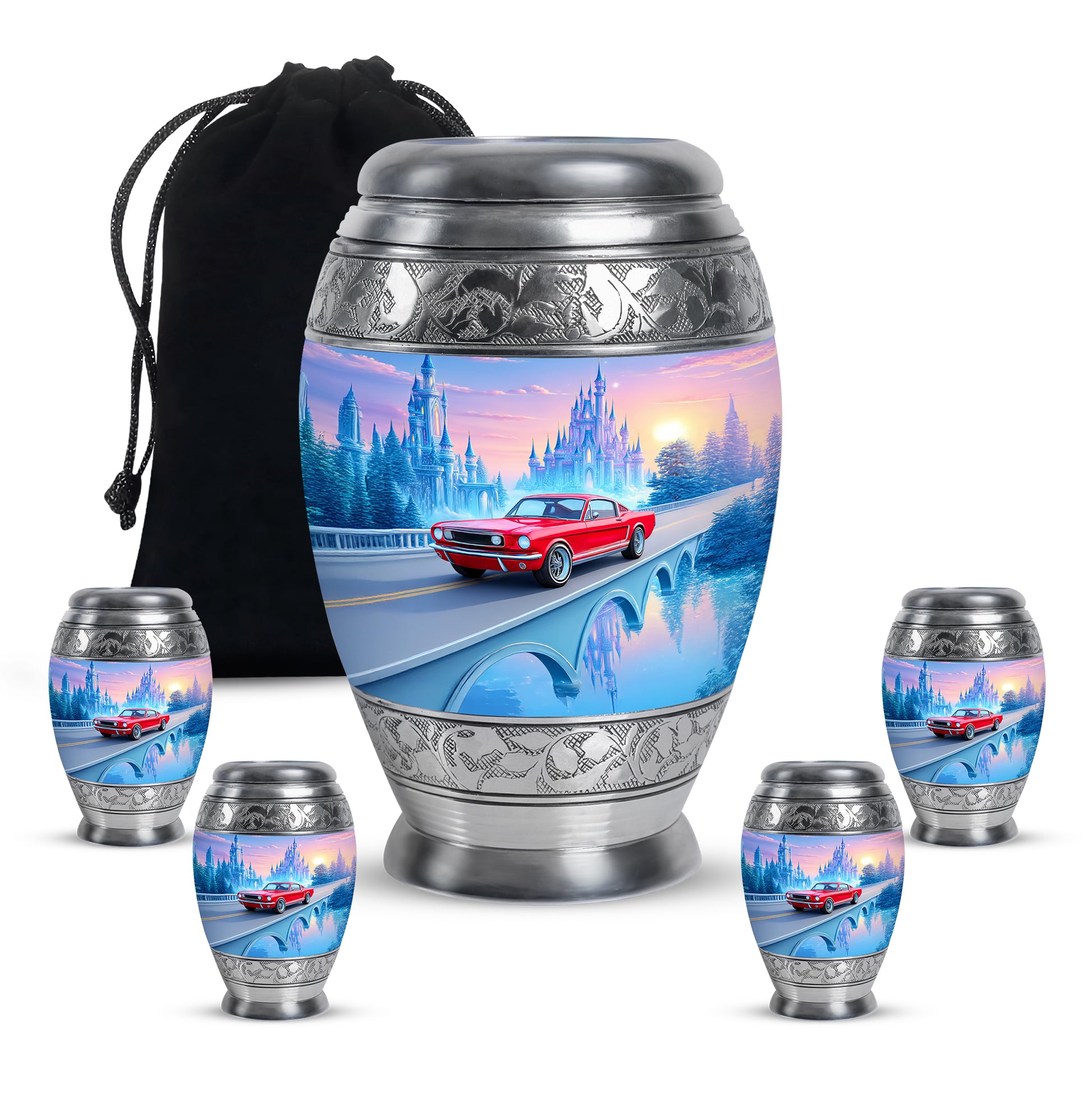 Celestial Blue Car Cremation Urn detail view - regal car design with crown-inspired accents - memorial set with one large and four small urns
