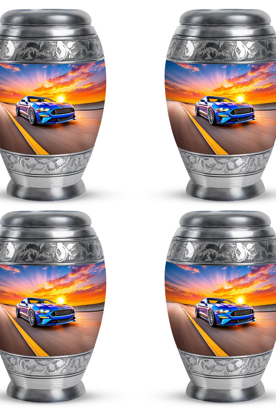 Cornflower Blue Car Cremation Urn urn with complimentary velvet bag - royal car engraving with decorative scrollwork - 10 inch aluminum urn for cremated remains