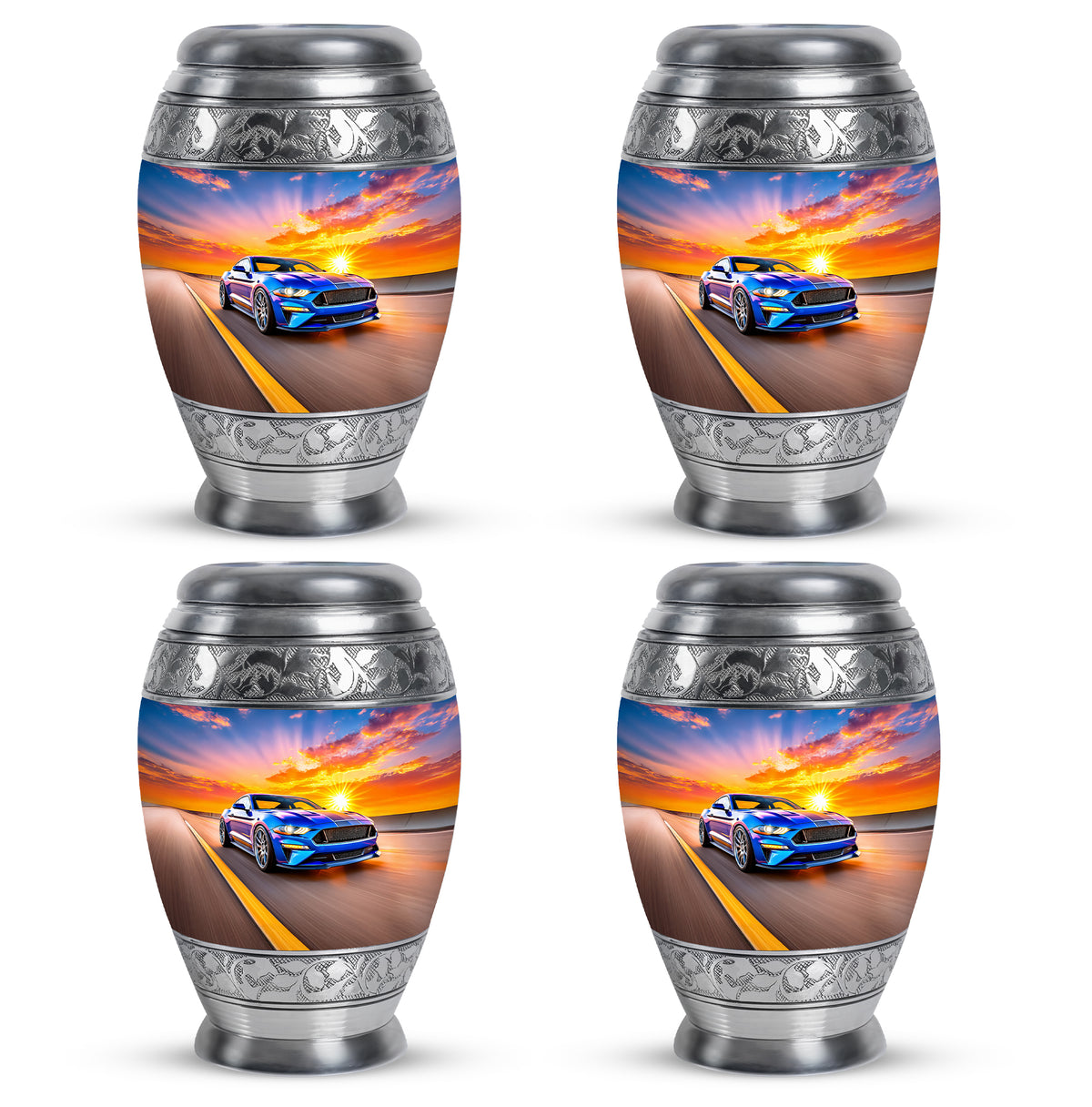 Cornflower Blue Car Cremation Urn urn with complimentary velvet bag - royal car engraving with decorative scrollwork - 10 inch aluminum urn for cremated remains