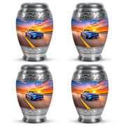 Cornflower Blue Car Cremation Urn urn with complimentary velvet bag - royal car engraving with decorative scrollwork - 10 inch aluminum urn for cremated remains
