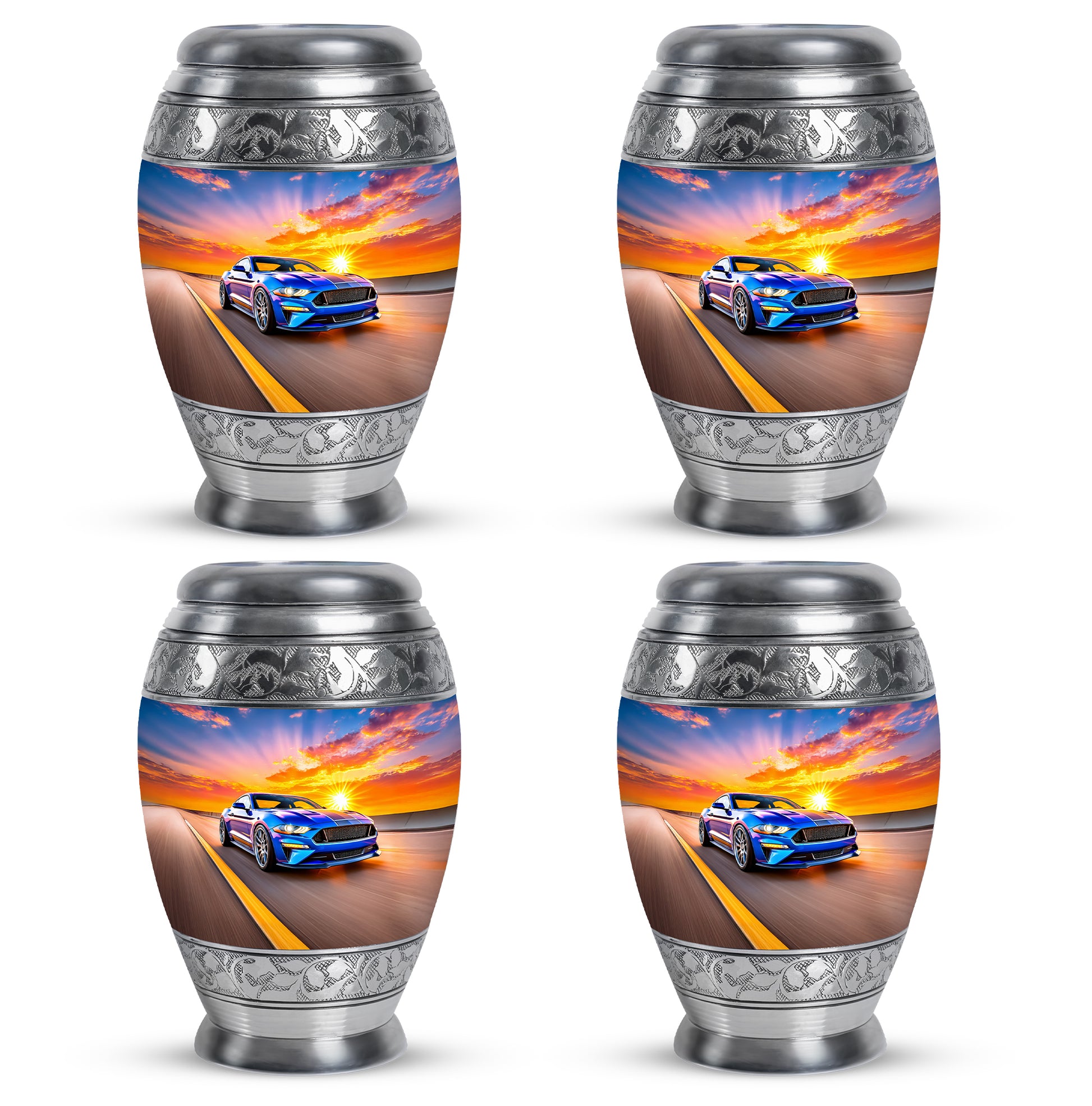 Cornflower Blue Car Cremation Urn urn with complimentary velvet bag - royal car engraving with decorative scrollwork - 10 inch aluminum urn for cremated remains
