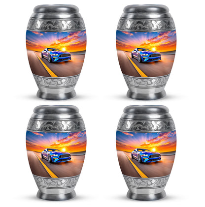 Cornflower Blue Car Cremation Urn urn with complimentary velvet bag - royal car engraving with decorative scrollwork - 10 inch aluminum urn for cremated remains