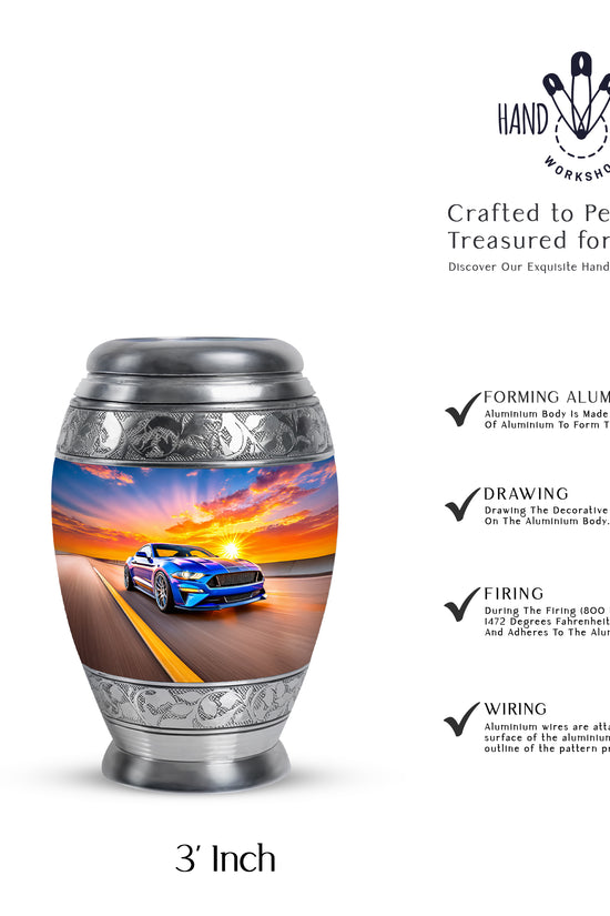 Steel Blue Car Cremation Urn lifestyle display on memorial shelf - royal car engraving with decorative scrollwork - mini keepsake memorial for portion of cremation ashes