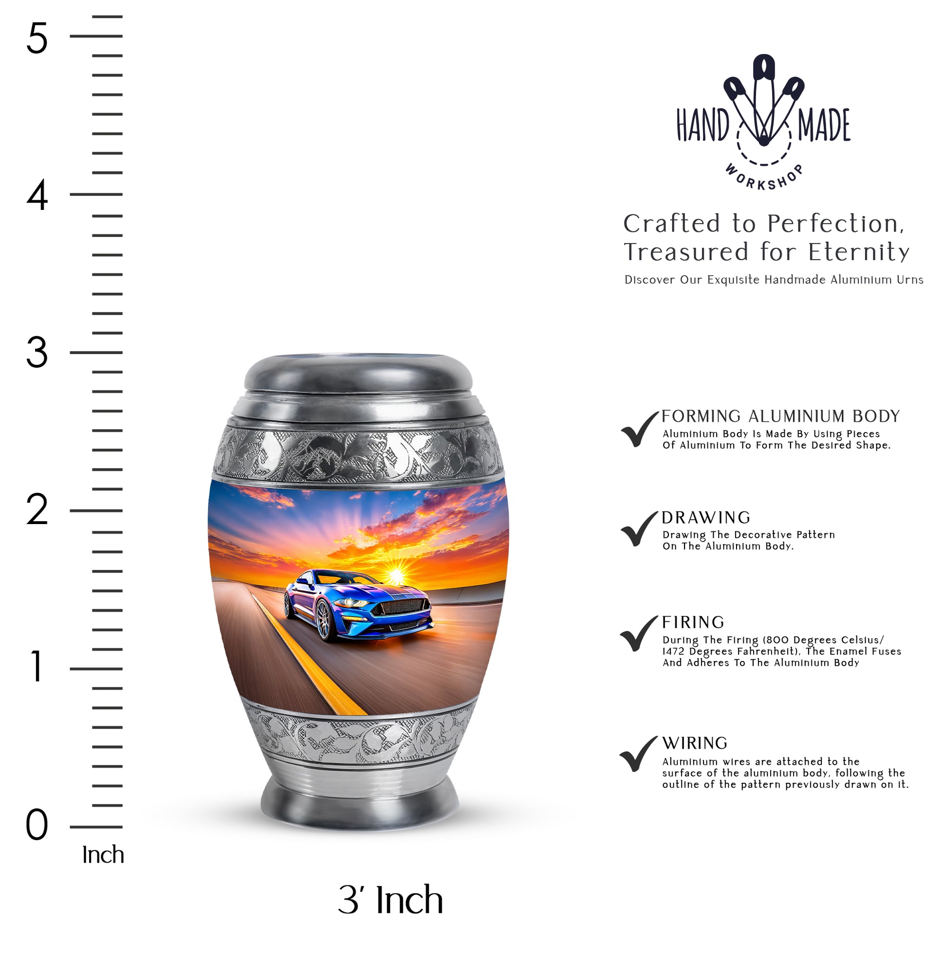 Steel Blue Car Cremation Urn lifestyle display on memorial shelf - royal car engraving with decorative scrollwork - mini keepsake memorial for portion of cremation ashes