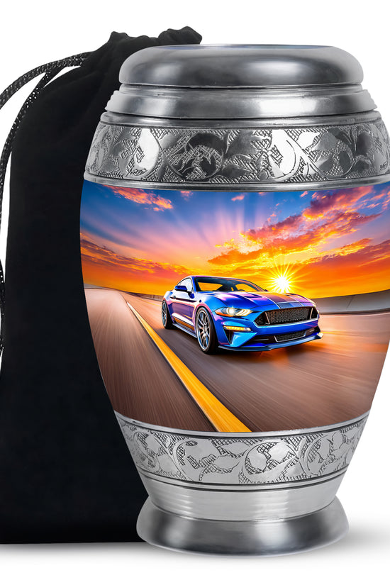 Calming Blue Car Cremation Urn back view with polished surface - royal car engraving with decorative scrollwork - full-size 10 inch 200 cubic inch adult cremation urn