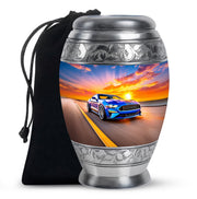 Calming Blue Car Cremation Urn back view with polished surface - royal car engraving with decorative scrollwork - full-size 10 inch 200 cubic inch adult cremation urn