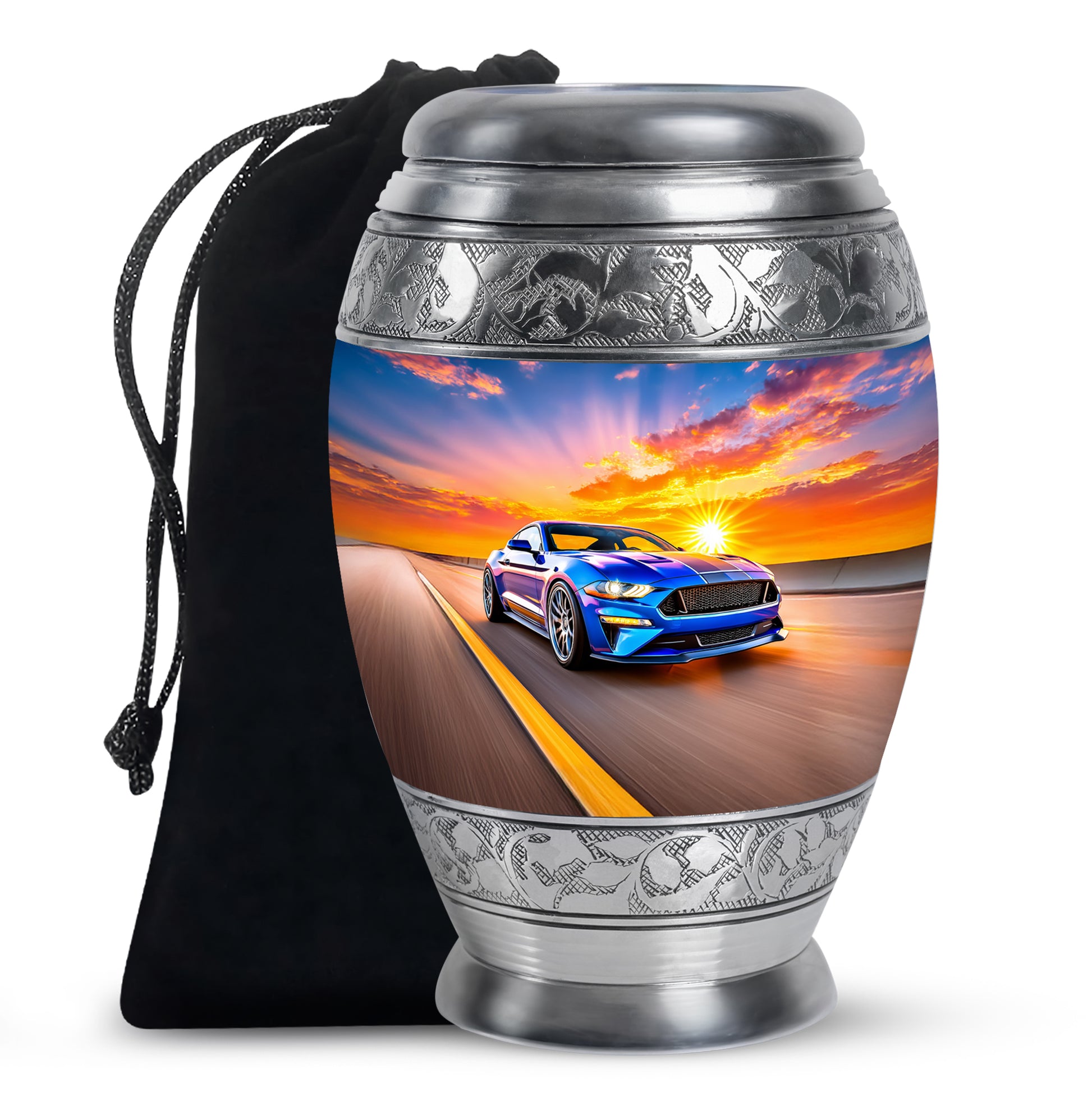 Calming Blue Car Cremation Urn back view with polished surface - royal car engraving with decorative scrollwork - full-size 10 inch 200 cubic inch adult cremation urn