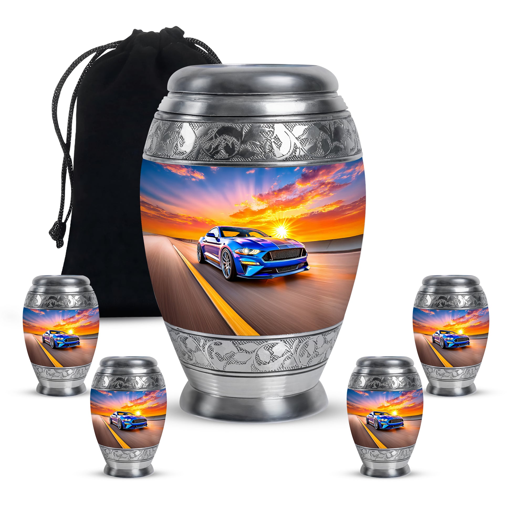 Soft Blue Car Cremation Urn detail view - royal car engraving with decorative scrollwork - memorial set with one large and four small urns