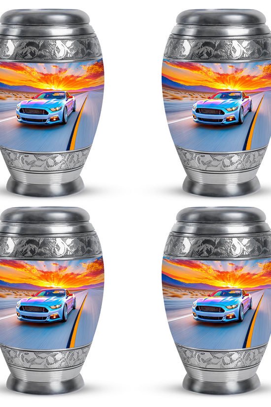 Icy Blue Car Cremation Urn urn with complimentary velvet bag - ornate monarch-style car relief on brushed aluminum - 10 inch aluminum urn for cremated remains
