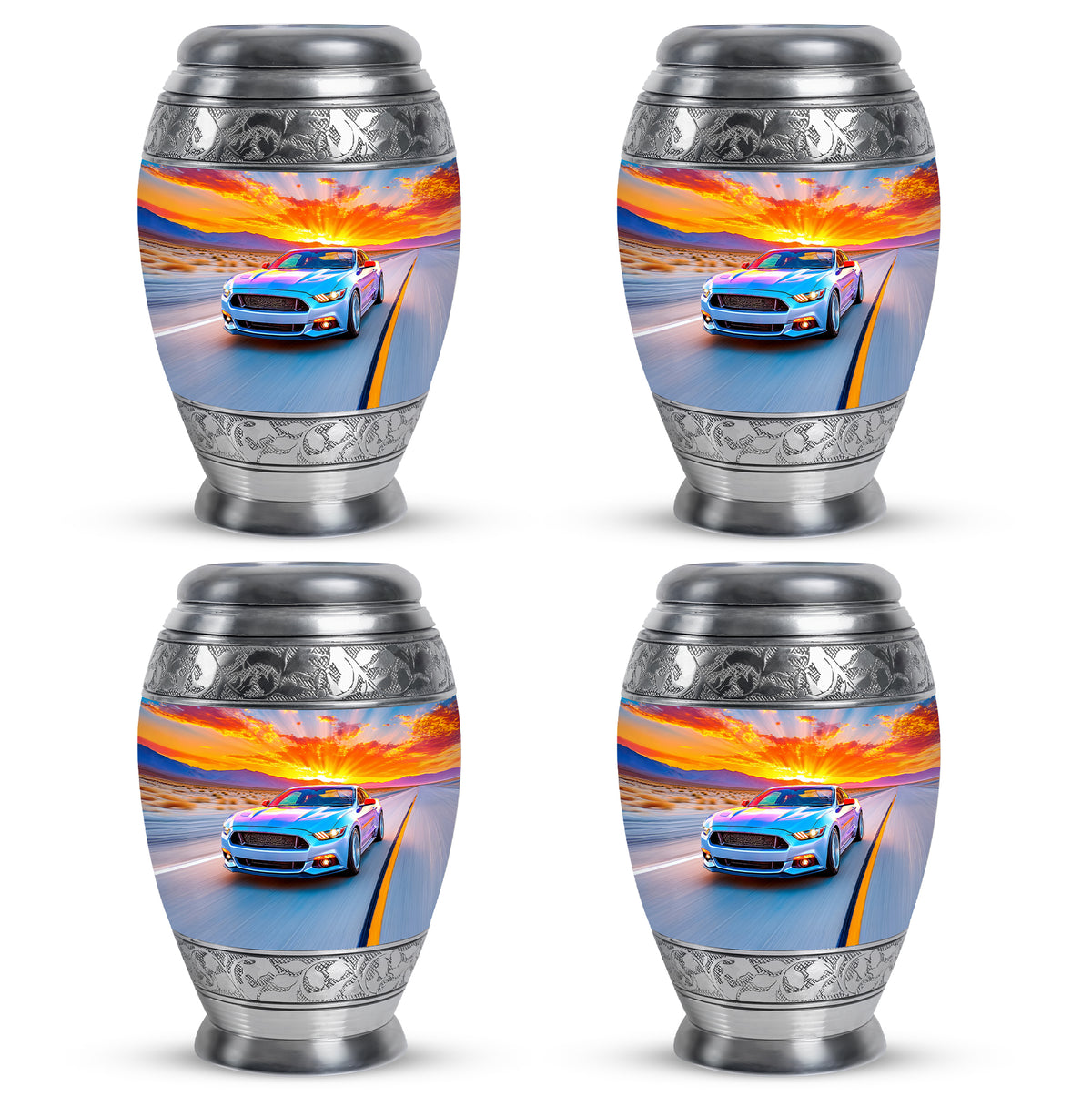 Icy Blue Car Cremation Urn urn with complimentary velvet bag - ornate monarch-style car relief on brushed aluminum - 10 inch aluminum urn for cremated remains
