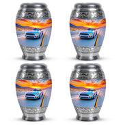 Icy Blue Car Cremation Urn urn with complimentary velvet bag - ornate monarch-style car relief on brushed aluminum - 10 inch aluminum urn for cremated remains