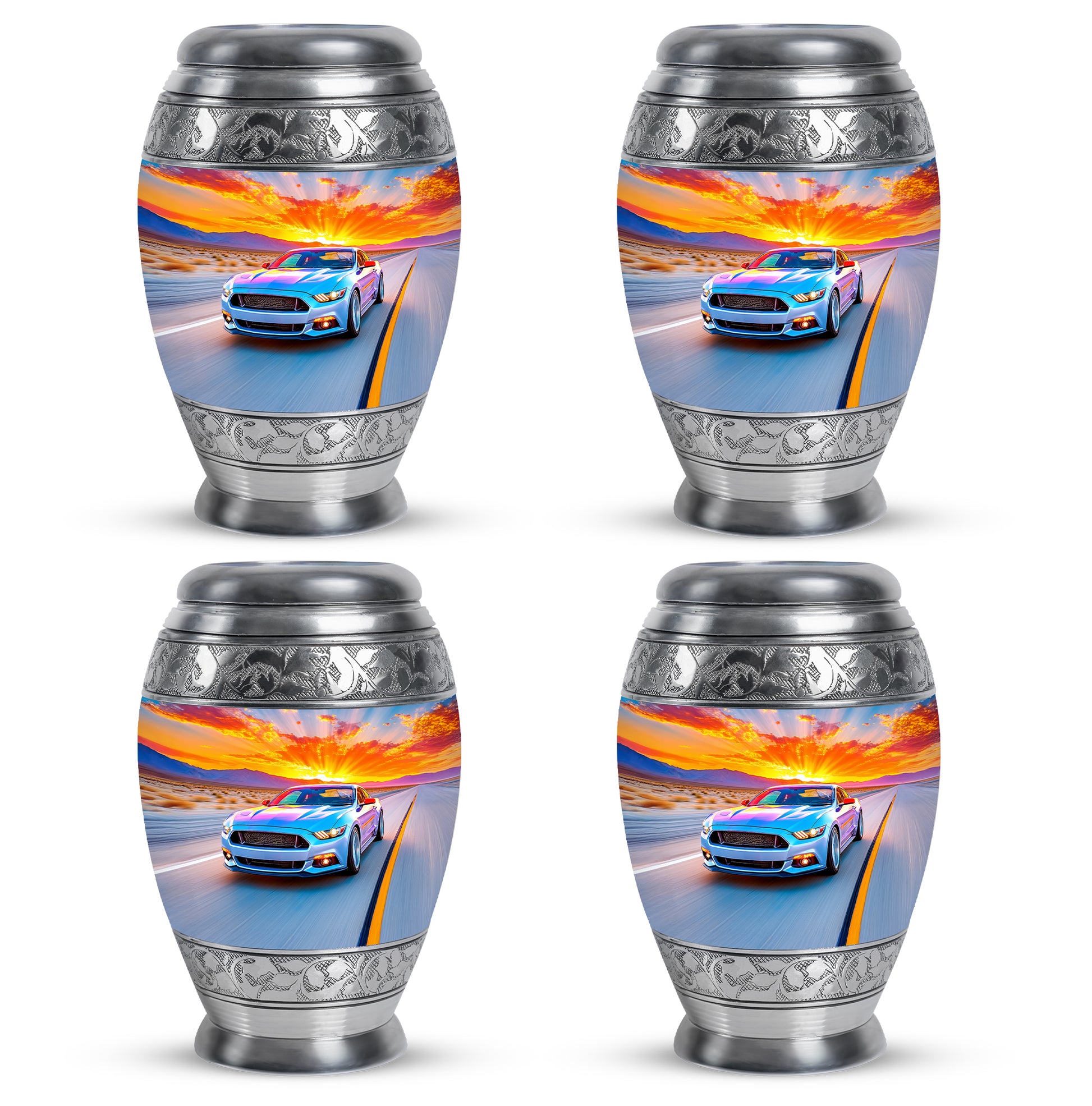 Icy Blue Car Cremation Urn urn with complimentary velvet bag - ornate monarch-style car relief on brushed aluminum - 10 inch aluminum urn for cremated remains