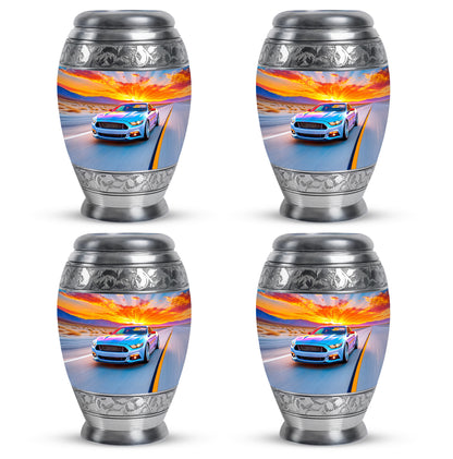Icy Blue Car Cremation Urn urn with complimentary velvet bag - ornate monarch-style car relief on brushed aluminum - 10 inch aluminum urn for cremated remains