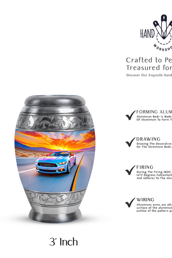 Celestial Blue Car Cremation Urn lifestyle display on memorial shelf - regal car design with crown-inspired accents - mini keepsake memorial for portion of cremation ashes