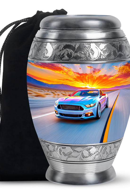 Serene Blue Car Cremation Urn back view with polished surface - majestic car pattern with filigree border - full-size 10 inch 200 cubic inch adult cremation urn