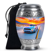 Serene Blue Car Cremation Urn back view with polished surface - majestic car pattern with filigree border - full-size 10 inch 200 cubic inch adult cremation urn