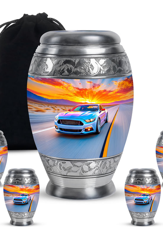 Cobalt Blue Car Cremation Urn detail view - royal car engraving with decorative scrollwork - memorial set with one large and four small urns