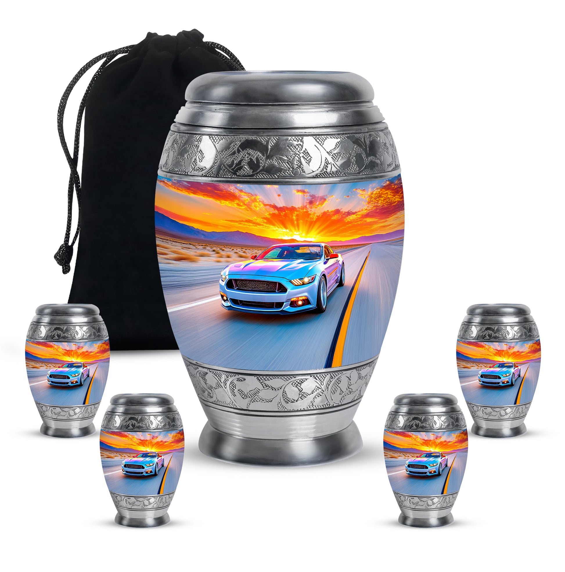 Cobalt Blue Car Cremation Urn detail view - royal car engraving with decorative scrollwork - memorial set with one large and four small urns