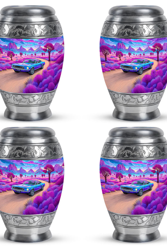 Sapphire Blue Car Cremation Urn urn with complimentary velvet bag - royal car engraving with decorative scrollwork - 10 inch aluminum urn for cremated remains