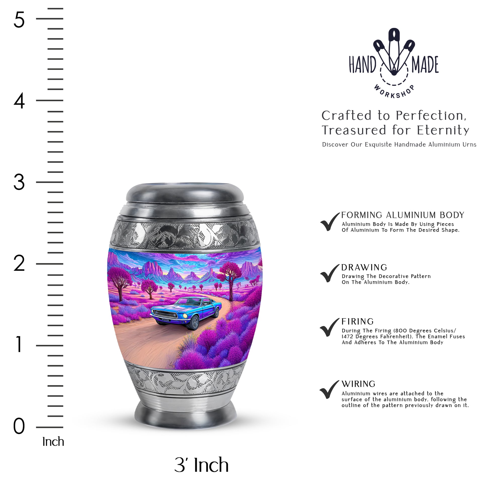 Misty Blue Car Cremation Urn lifestyle display on memorial shelf - ornate monarch-style car relief on brushed aluminum - mini keepsake memorial for portion of cremation ashes