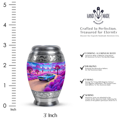 Misty Blue Car Cremation Urn lifestyle display on memorial shelf - ornate monarch-style car relief on brushed aluminum - mini keepsake memorial for portion of cremation ashes