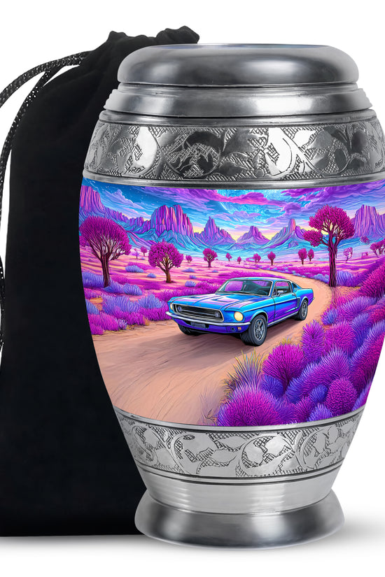 Vivid Blue Car Cremation Urn back view with polished surface - royal car engraving with decorative scrollwork - full-size 10 inch 200 cubic inch adult cremation urn