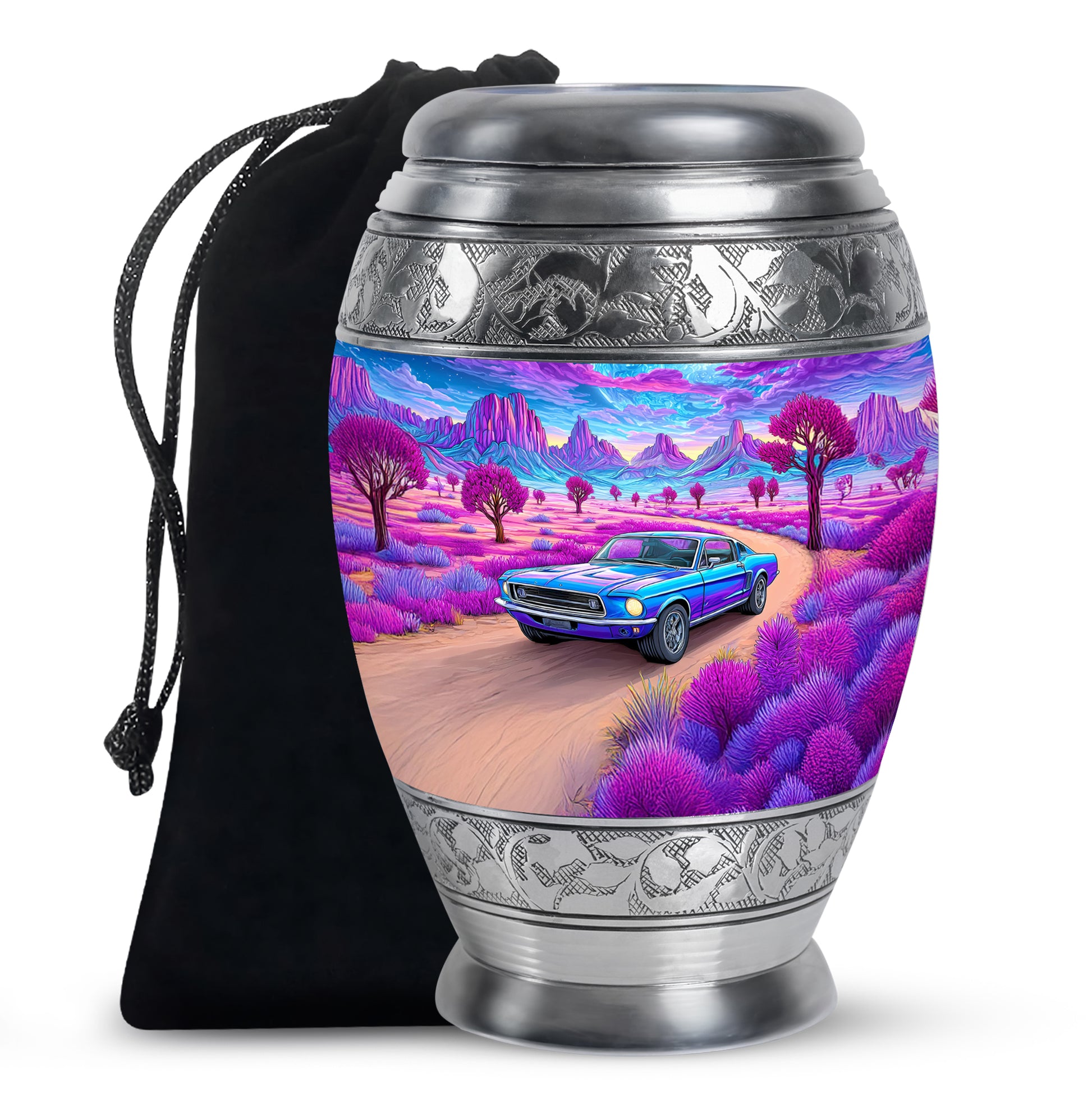 Vivid Blue Car Cremation Urn back view with polished surface - royal car engraving with decorative scrollwork - full-size 10 inch 200 cubic inch adult cremation urn
