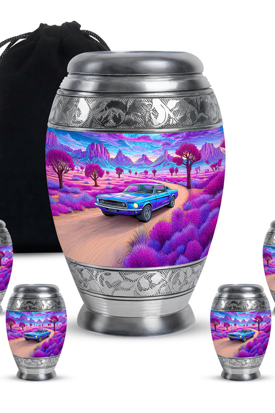 Soft Blue Car Cremation Urn detail view - majestic car pattern with filigree border - memorial set with one large and four small urns