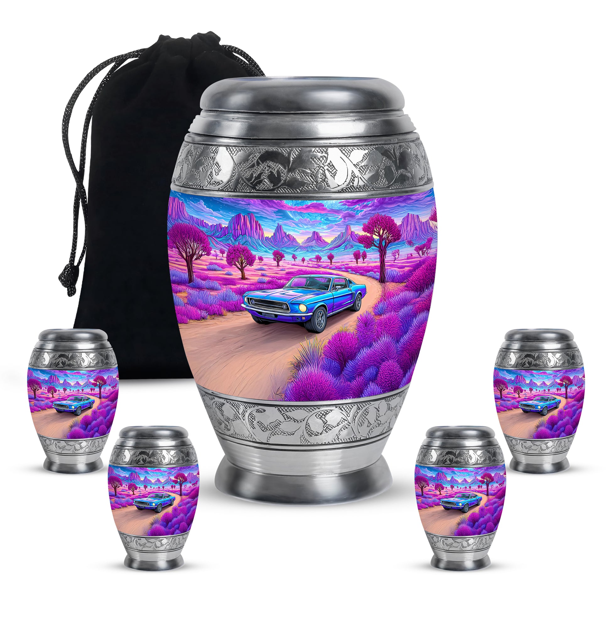 Soft Blue Car Cremation Urn detail view - majestic car pattern with filigree border - memorial set with one large and four small urns