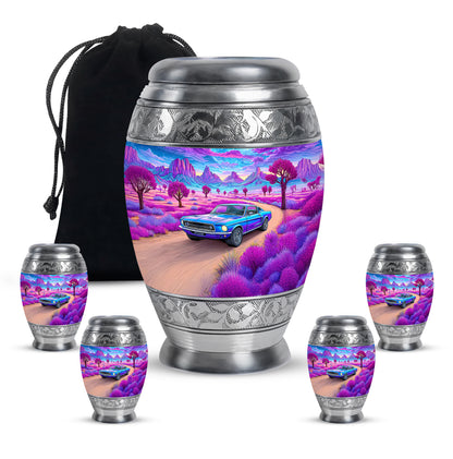Soft Blue Car Cremation Urn detail view - majestic car pattern with filigree border - memorial set with one large and four small urns