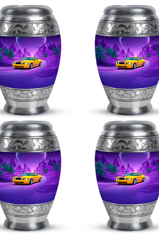 Cornflower Blue Car Cremation Urn urn with complimentary velvet bag - majestic car pattern with filigree border - 10 inch aluminum urn for cremated remains