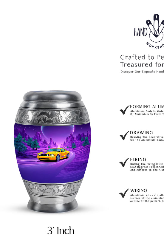 Serene Blue Car Cremation Urn lifestyle display on memorial shelf - majestic car pattern with filigree border - mini keepsake memorial for portion of cremation ashes