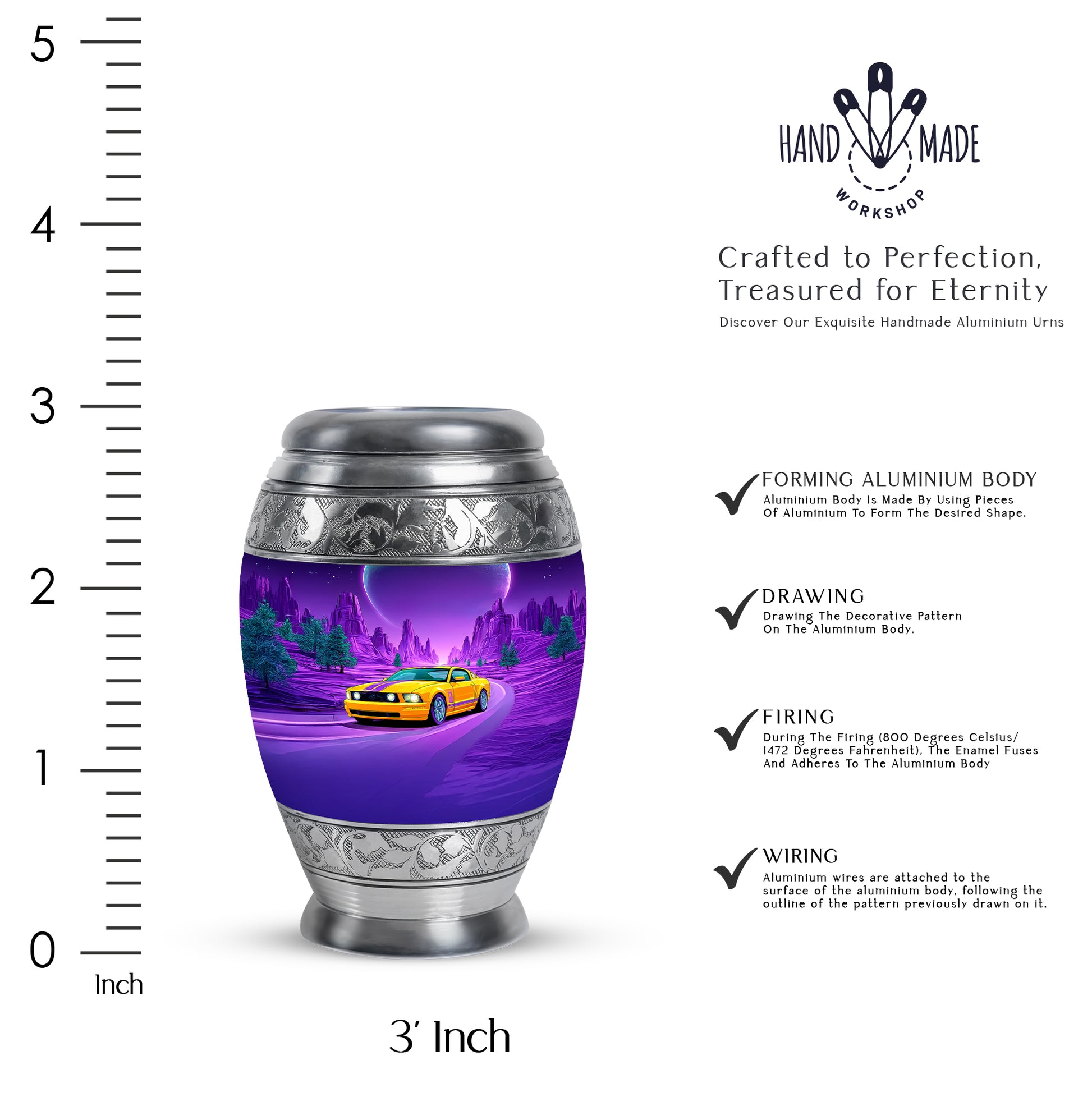 Serene Blue Car Cremation Urn lifestyle display on memorial shelf - majestic car pattern with filigree border - mini keepsake memorial for portion of cremation ashes