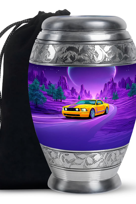 Pastel Blue Car Cremation Urn back view with polished surface - ornate monarch-style car relief on brushed aluminum - full-size 10 inch 200 cubic inch adult cremation urn