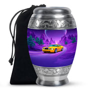Pastel Blue Car Cremation Urn back view with polished surface - ornate monarch-style car relief on brushed aluminum - full-size 10 inch 200 cubic inch adult cremation urn