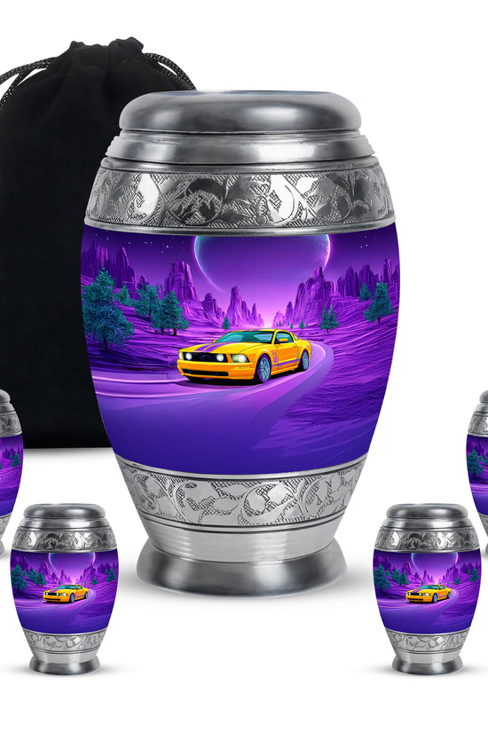 Dusty Blue Car Cremation Urn detail view - regal car design with crown-inspired accents - memorial set with one large and four small urns