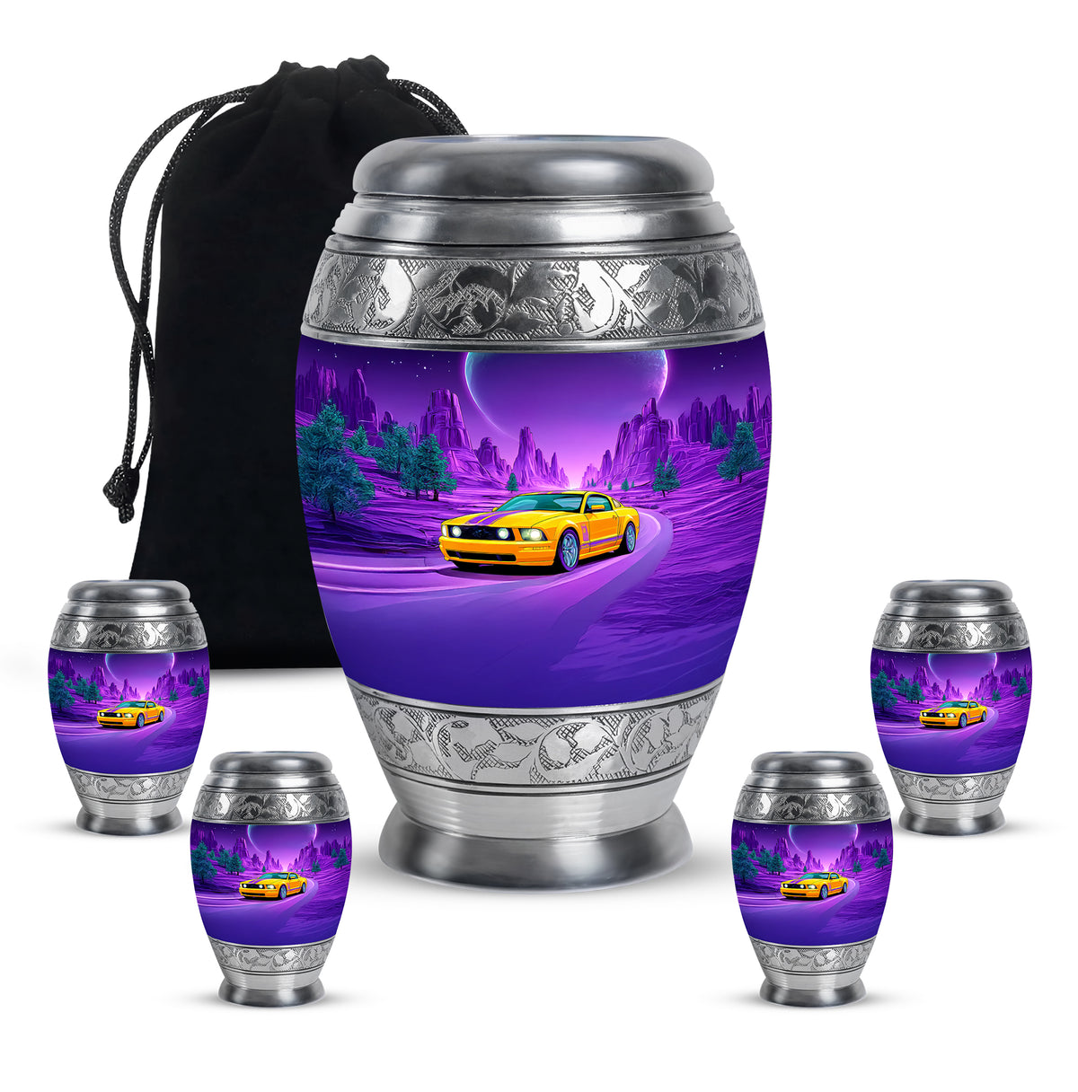 Dusty Blue Car Cremation Urn detail view - regal car design with crown-inspired accents - memorial set with one large and four small urns
