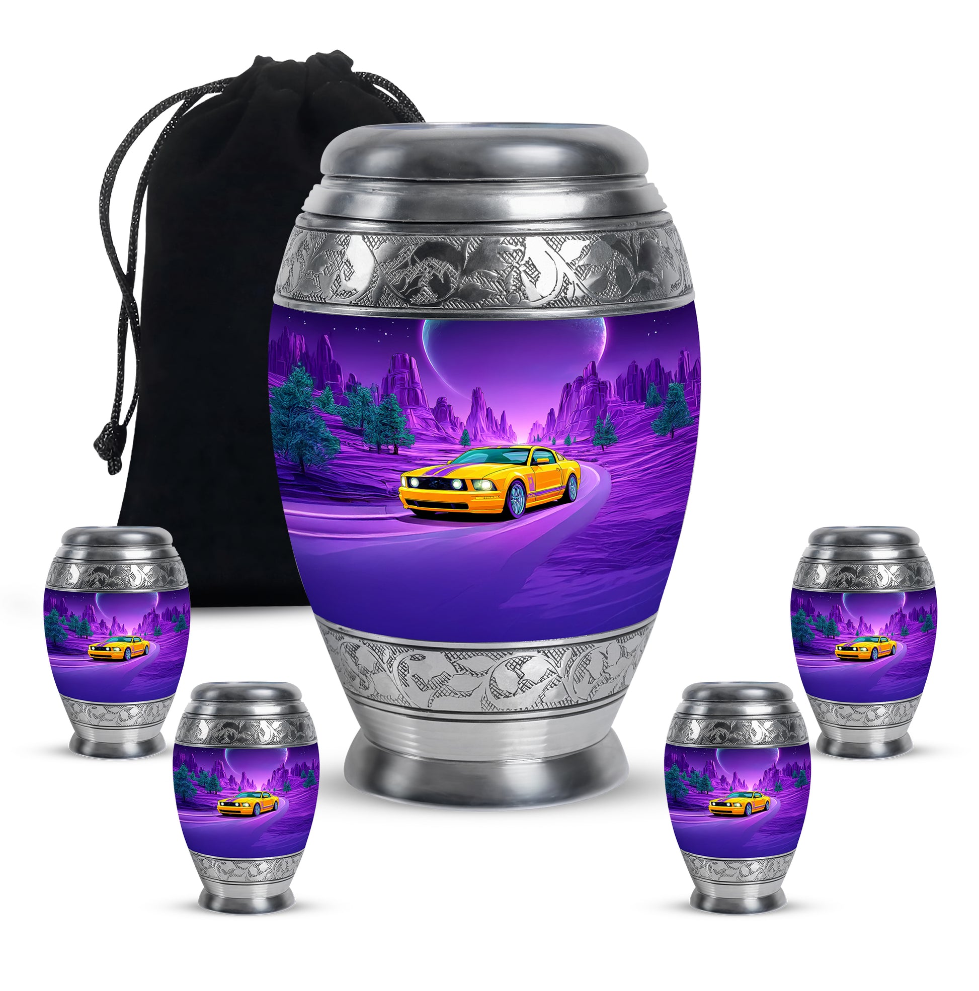 Dusty Blue Car Cremation Urn detail view - regal car design with crown-inspired accents - memorial set with one large and four small urns