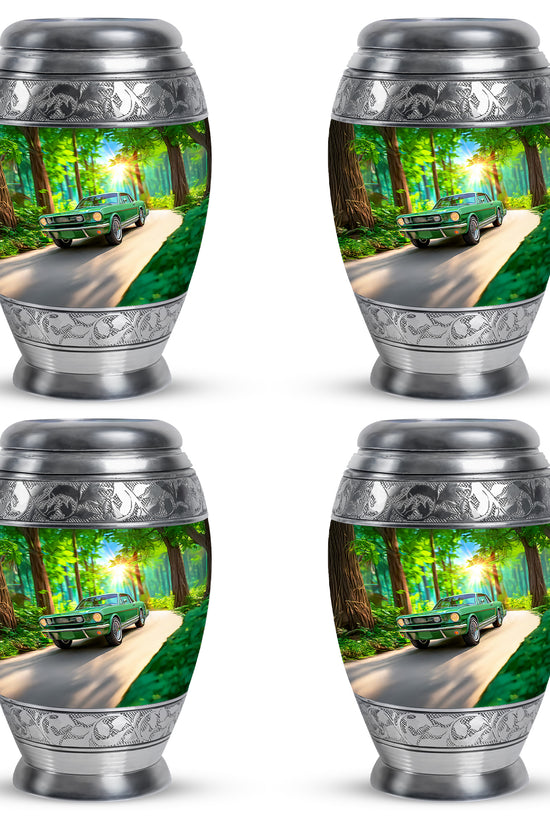 Forest Green Car Cremation Urn urn with complimentary velvet bag - royal car engraving with decorative scrollwork - 10 inch aluminum urn for cremated remains
