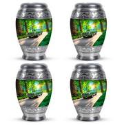 Forest Green Car Cremation Urn urn with complimentary velvet bag - royal car engraving with decorative scrollwork - 10 inch aluminum urn for cremated remains