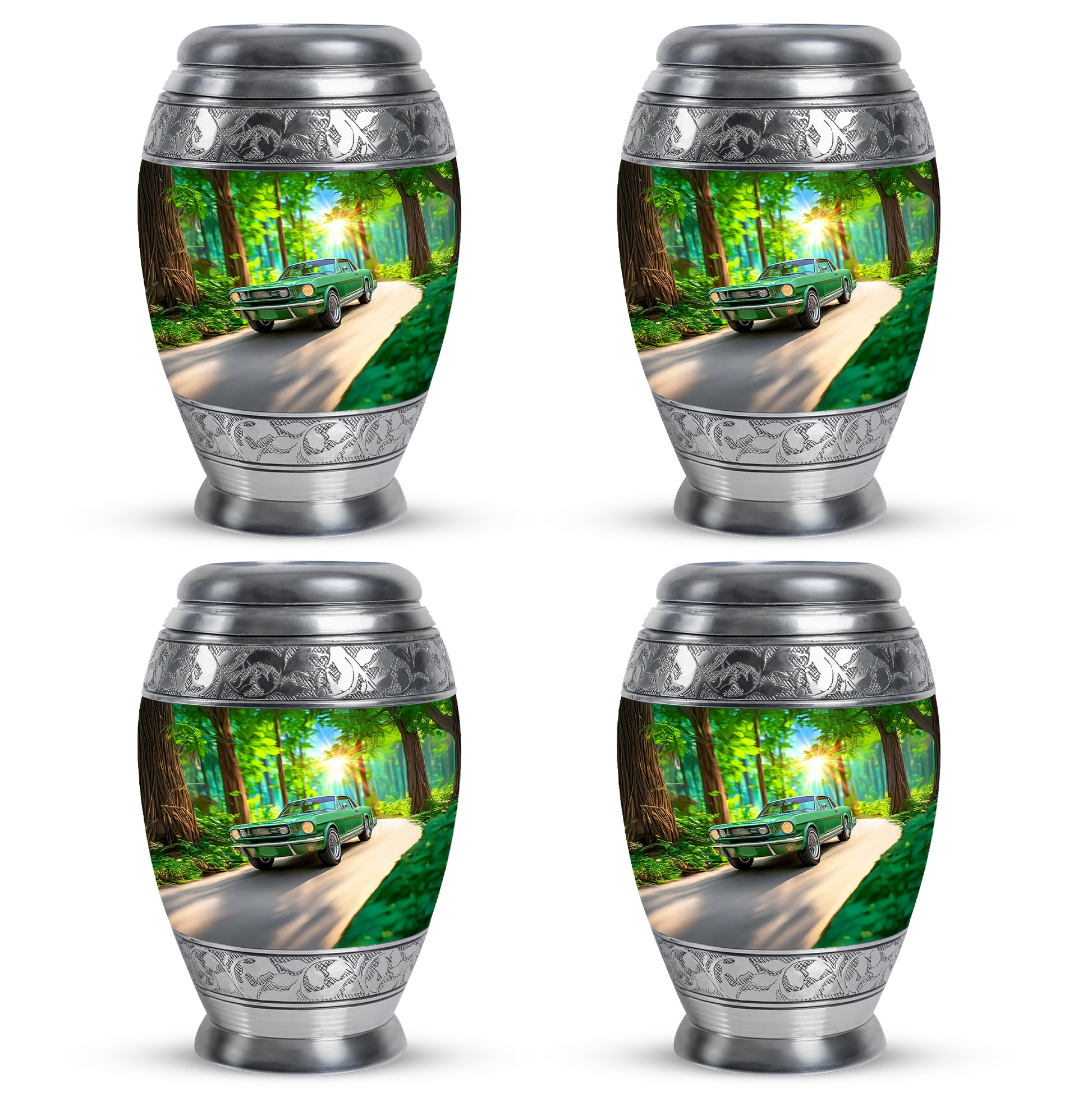 Forest Green Car Cremation Urn urn with complimentary velvet bag - royal car engraving with decorative scrollwork - 10 inch aluminum urn for cremated remains