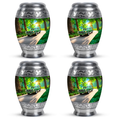 Forest Green Car Cremation Urn urn with complimentary velvet bag - royal car engraving with decorative scrollwork - 10 inch aluminum urn for cremated remains