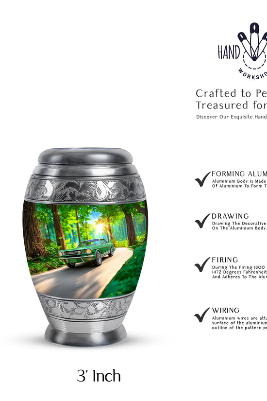 Emerald Green Car Cremation Urn lifestyle display on memorial shelf - ornate monarch-style car relief on brushed aluminum - mini keepsake memorial for portion of cremation ashes
