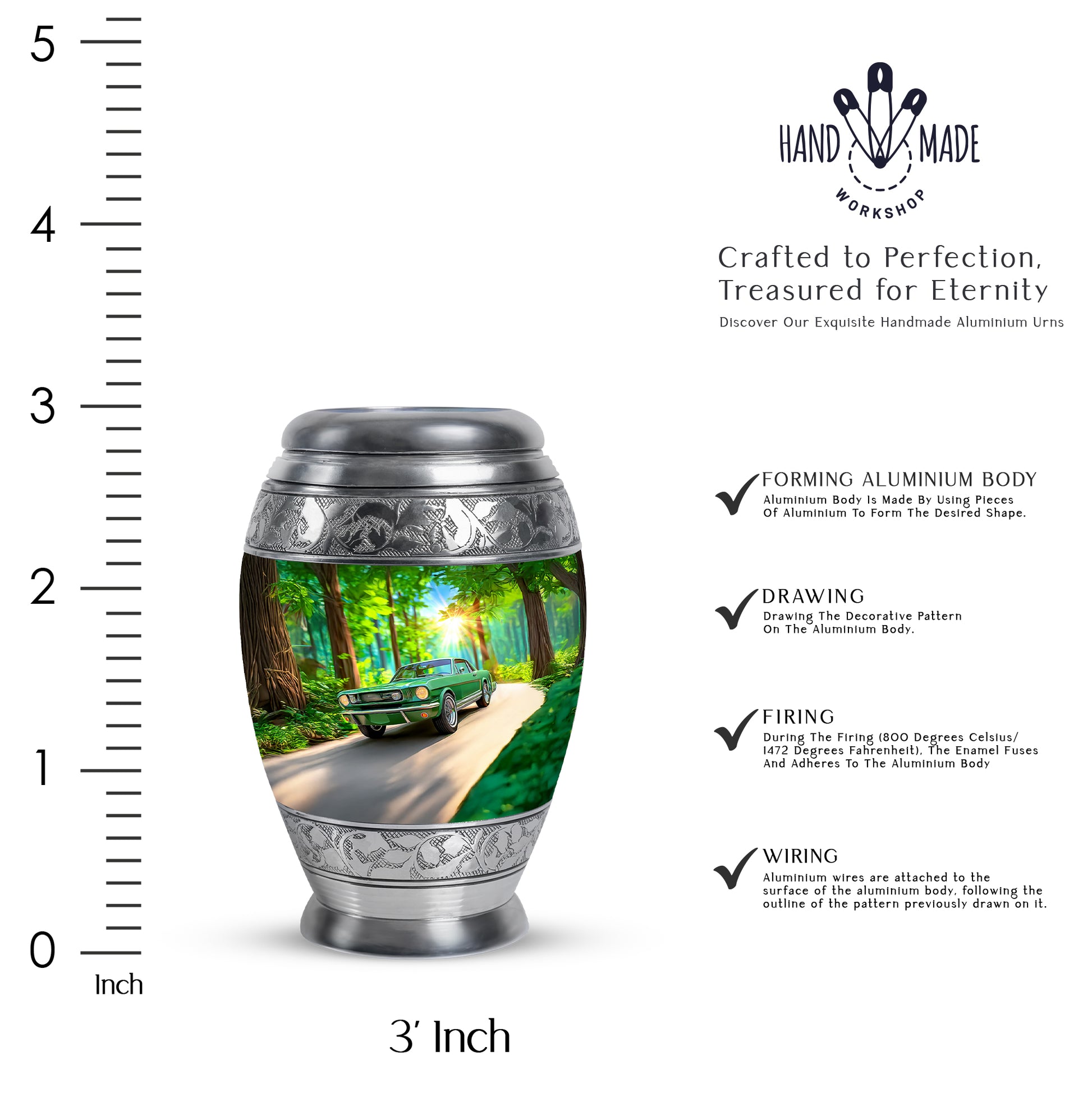 Emerald Green Car Cremation Urn lifestyle display on memorial shelf - ornate monarch-style car relief on brushed aluminum - mini keepsake memorial for portion of cremation ashes