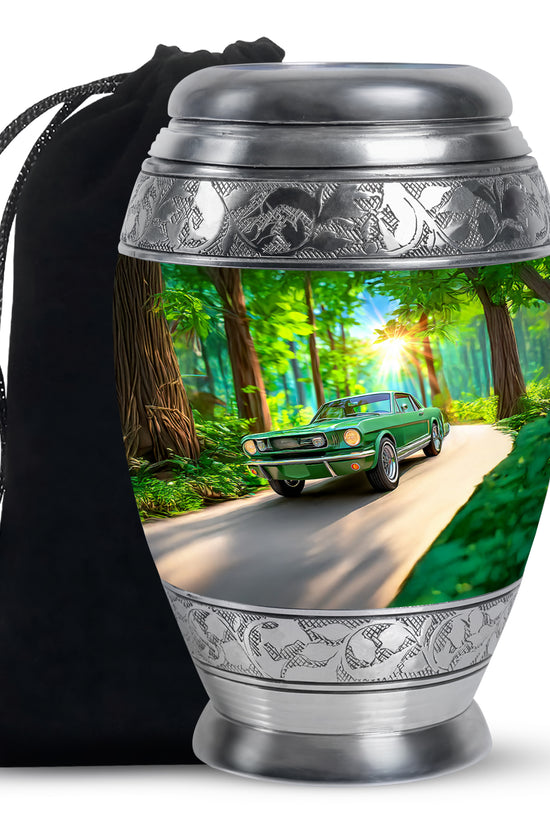 Moss Green Car Cremation Urn back view with polished surface - ornate monarch-style car relief on brushed aluminum - full-size 10 inch 200 cubic inch adult cremation urn