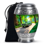 Moss Green Car Cremation Urn back view with polished surface - ornate monarch-style car relief on brushed aluminum - full-size 10 inch 200 cubic inch adult cremation urn