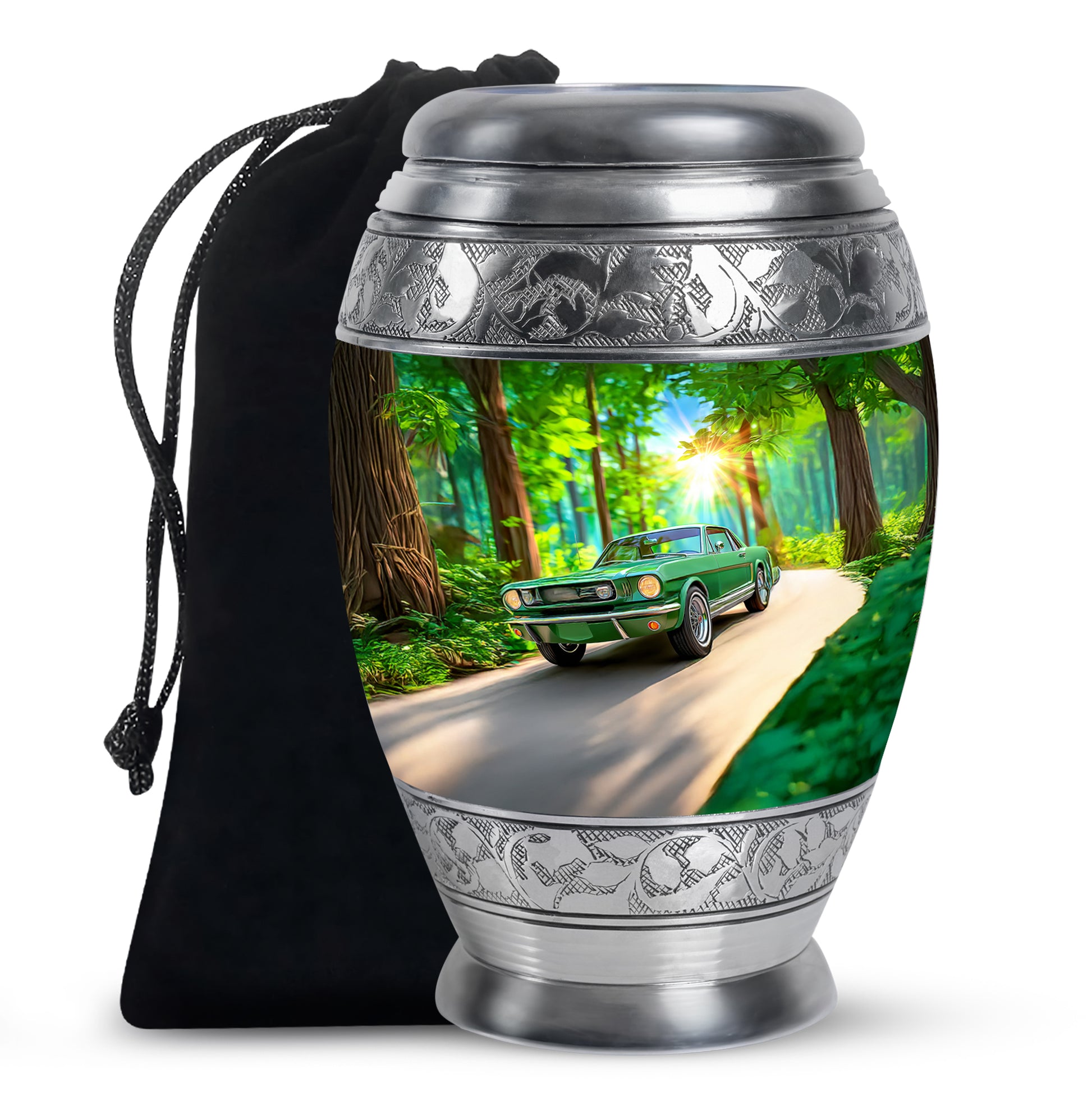 Moss Green Car Cremation Urn back view with polished surface - ornate monarch-style car relief on brushed aluminum - full-size 10 inch 200 cubic inch adult cremation urn