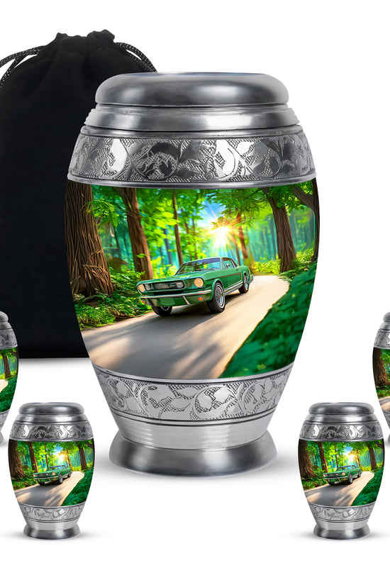 Moss Green Car Cremation Urn detail view - regal car design with crown-inspired accents - memorial set with one large and four small urns
