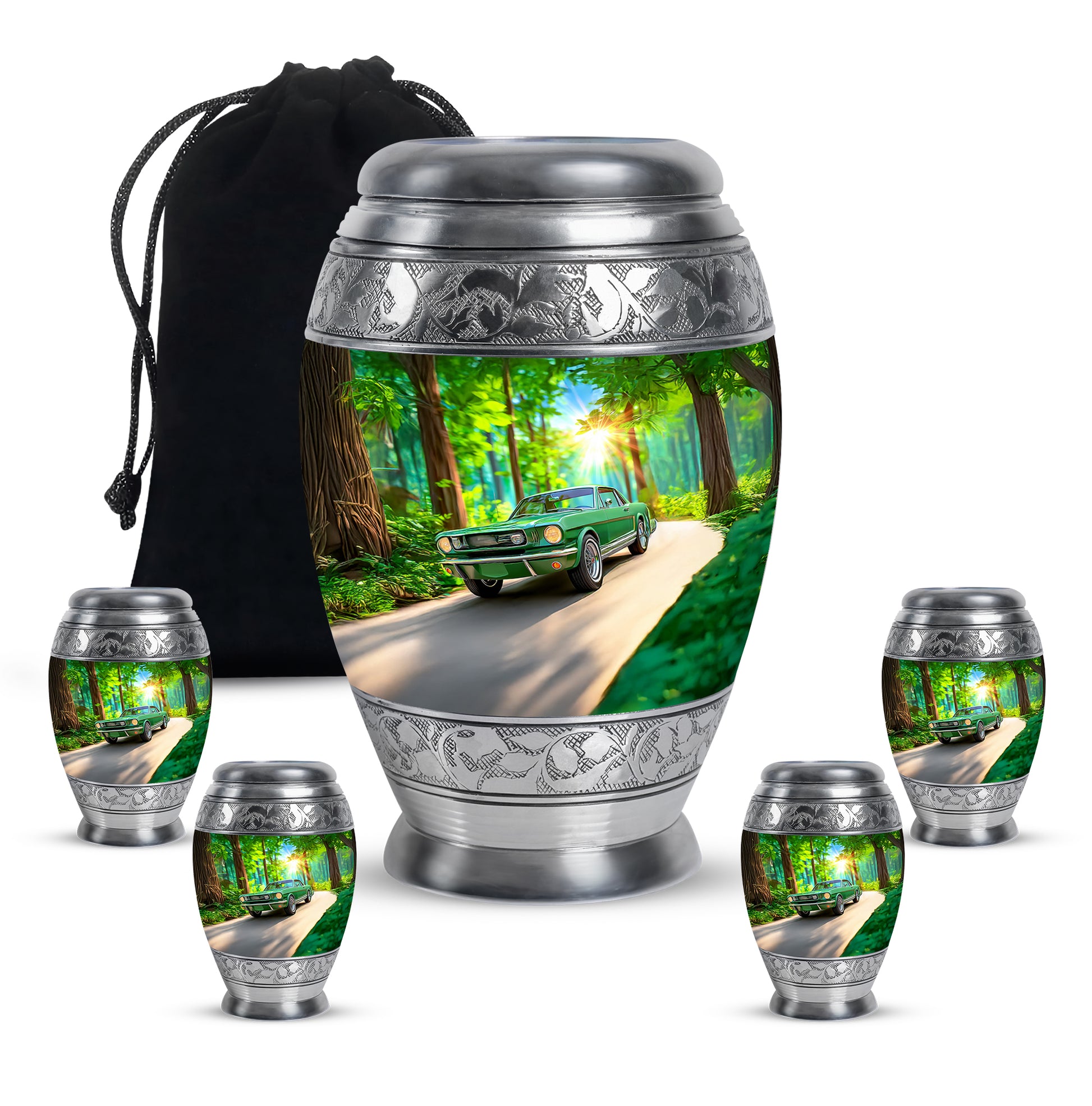 Moss Green Car Cremation Urn detail view - regal car design with crown-inspired accents - memorial set with one large and four small urns