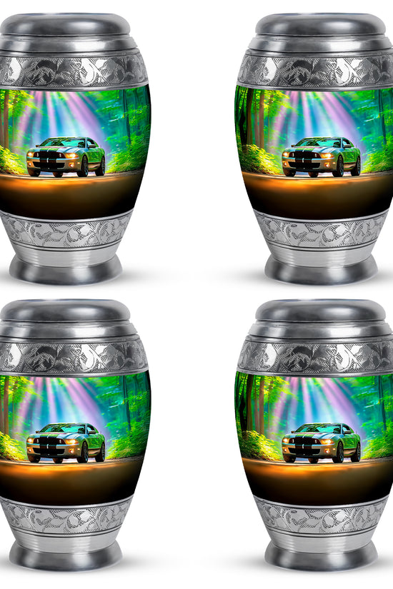 Aqua Teal Car Cremation Urn urn with complimentary velvet bag - royal car engraving with decorative scrollwork - 10 inch aluminum urn for cremated remains